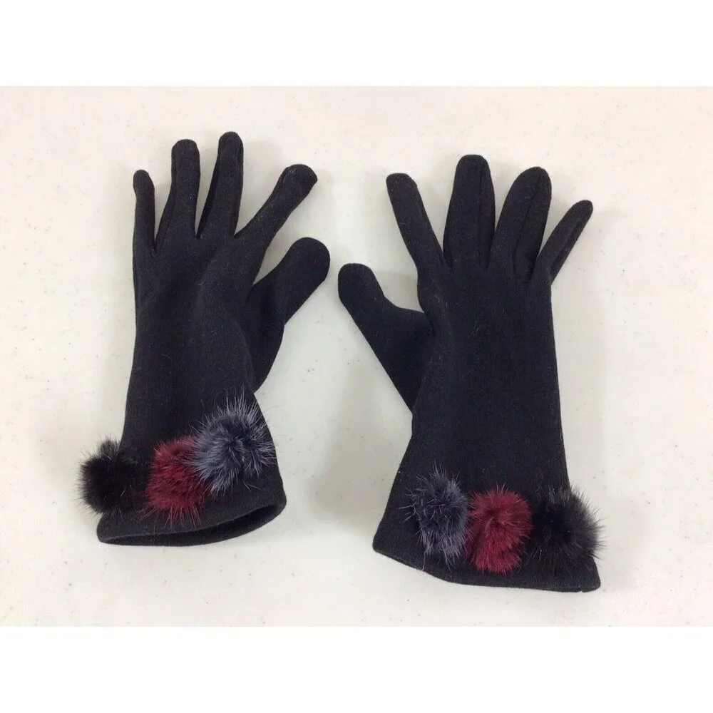 Black Driving Gloves Fur Pom Pom Trim Womens Medium
